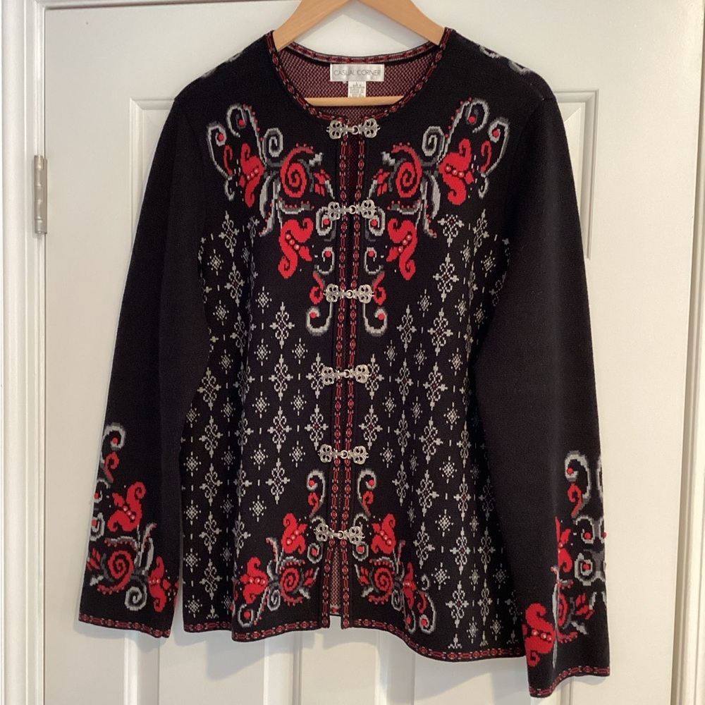 Casual Corner Black Red Gray Knit Cardigan